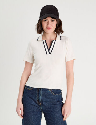 Polo côtelé manches courtes ecru femme