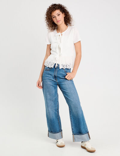 Blouse nouée détails brodés ecru femme