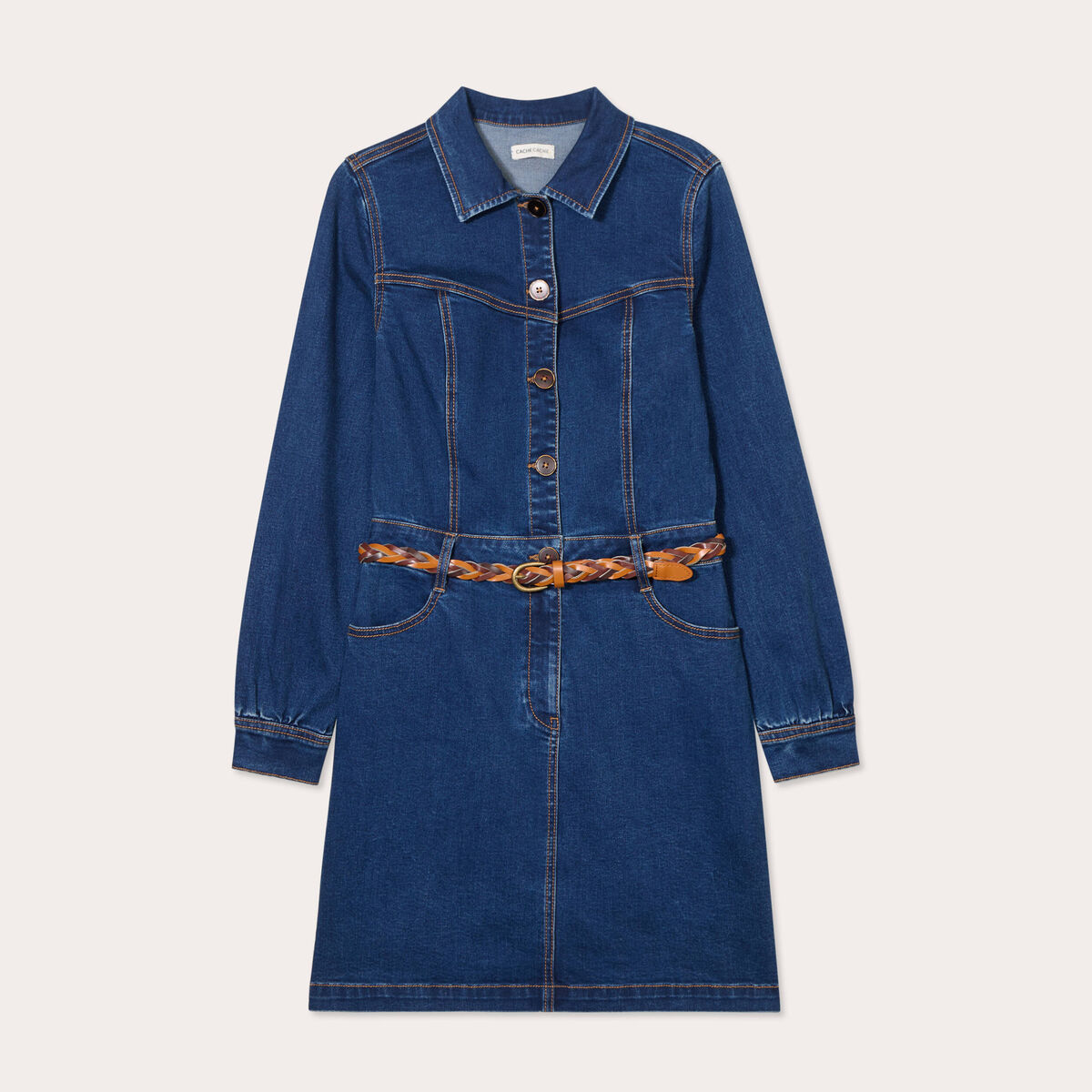Robe droite en jean ceinturée denim brut femme