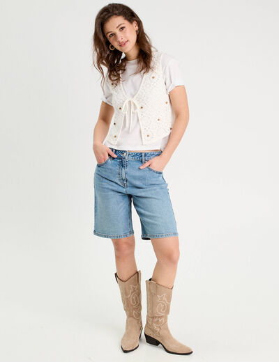 Gilet noué effet crochet ecru femme