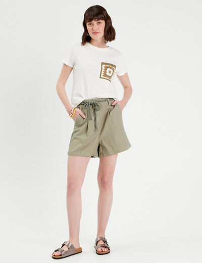 Short ample ceinture tressée vert kaki femme