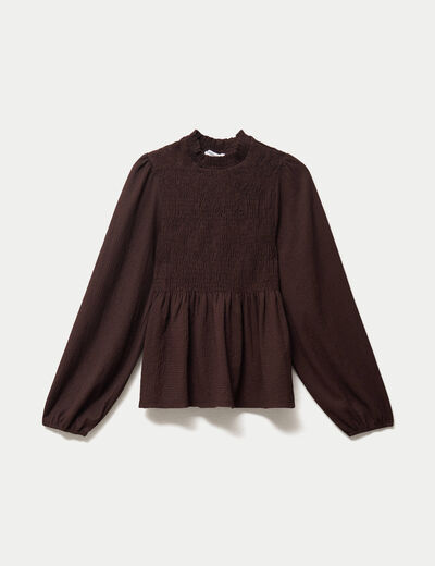 Blouse droite manches longues pliss&eacute;e marron fonc&eacute; femme