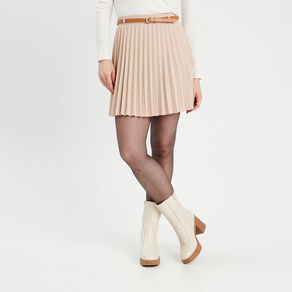 Jupe évasée plissée ceinturée sable femme