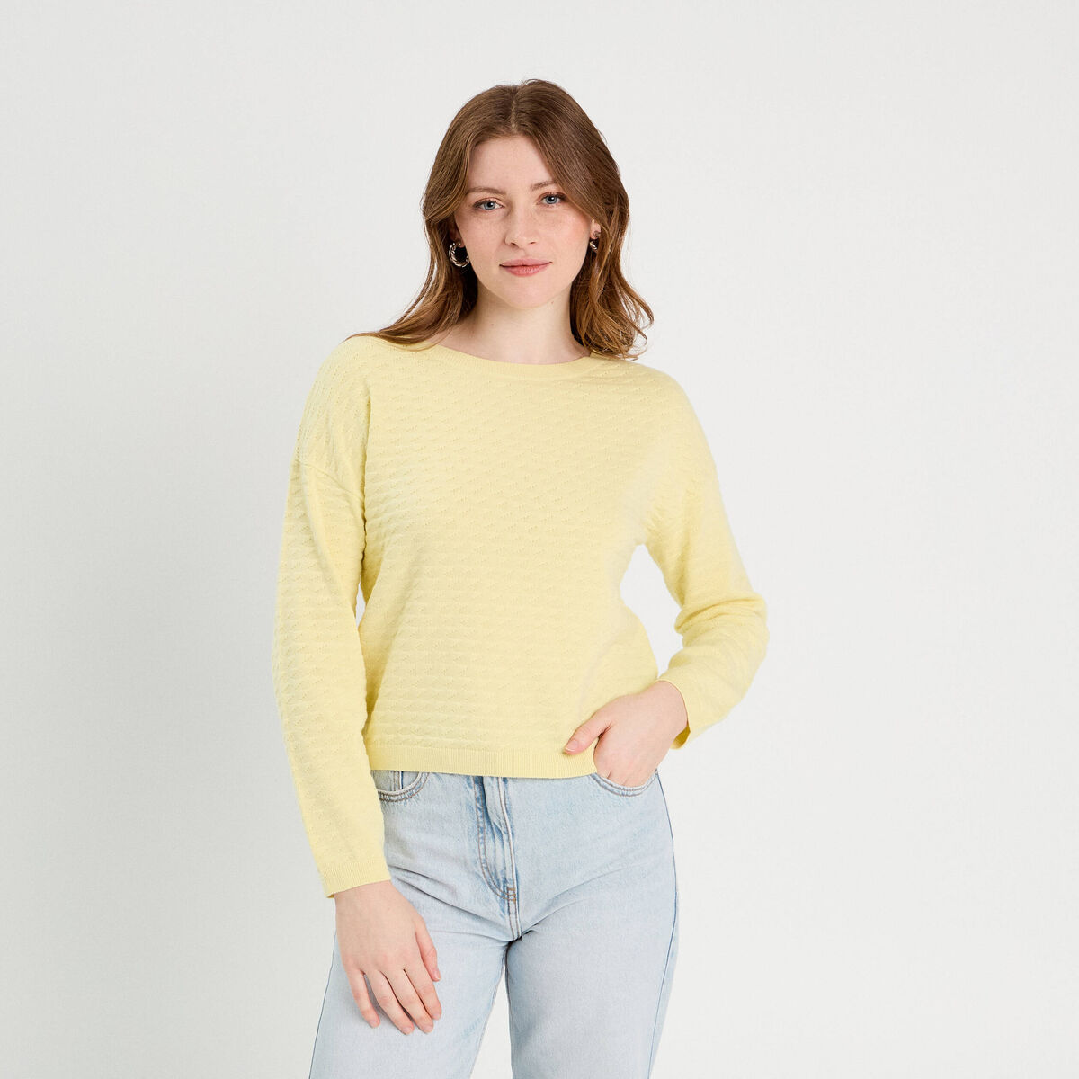 Pull col bateau jaune clair femme