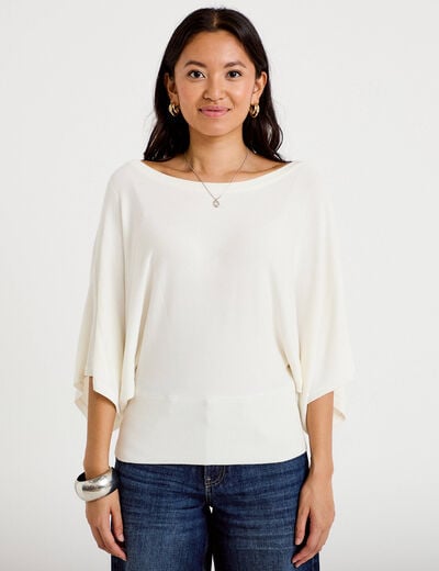 Pull ample manches courtes col rond ecru femme