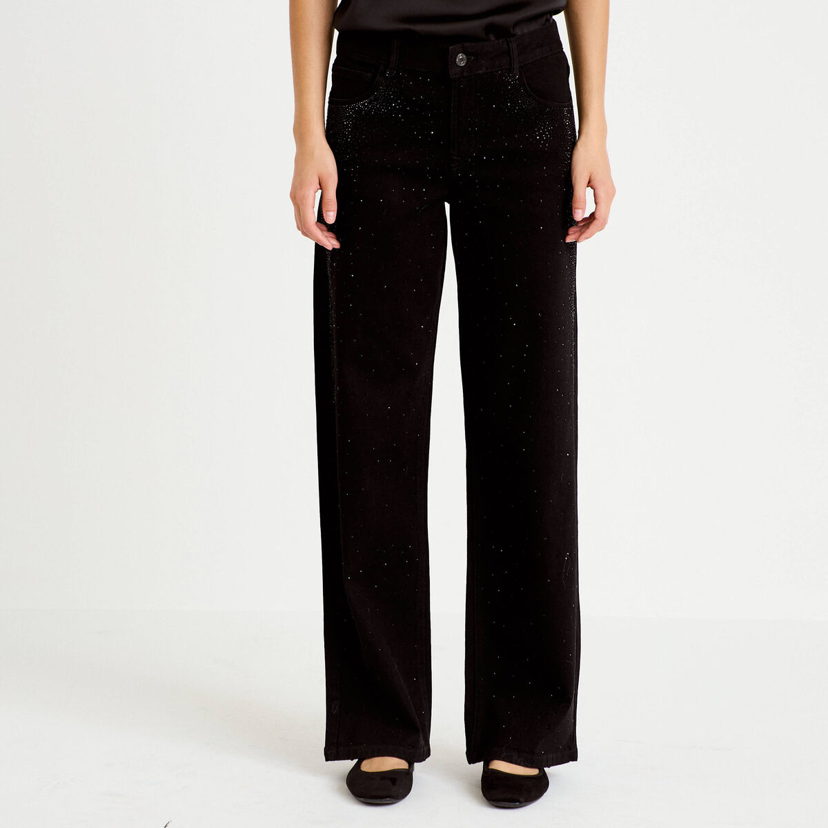 Jean wide leg taille basse strass noir femme