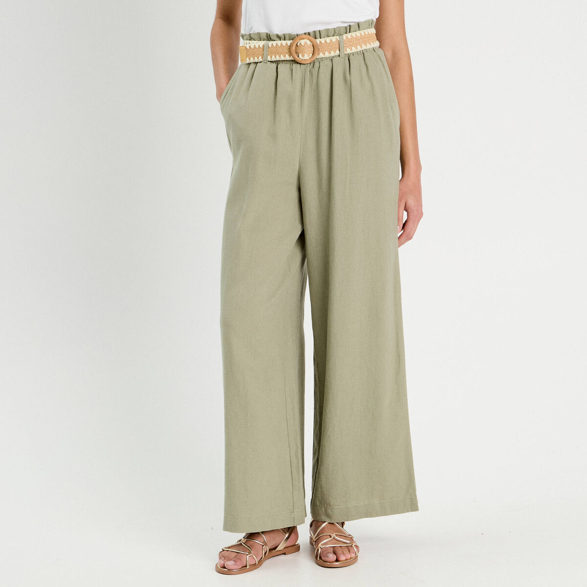 Pantalon large ceinturé contenant du lin vert kaki femme