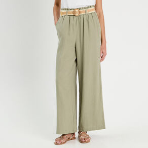 Pantalon large ceinturé contenant du lin vert kaki femme