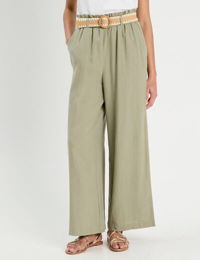 Pantalon large ceinturé contenant du lin vert kaki femme