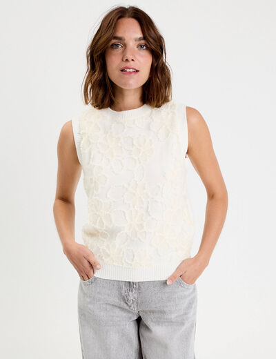 Pull sans manches &agrave; motif floral ecru femme