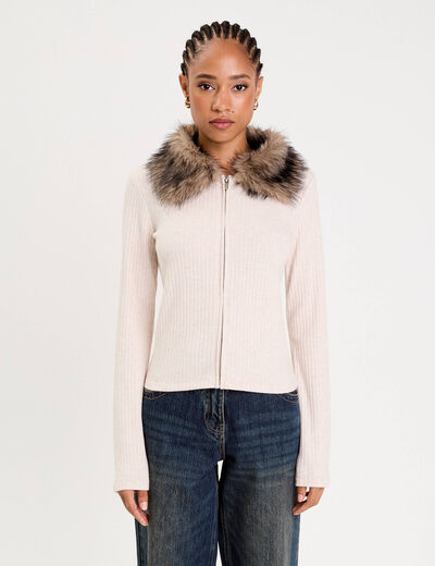 Gilet col fausse fourrure sable femme