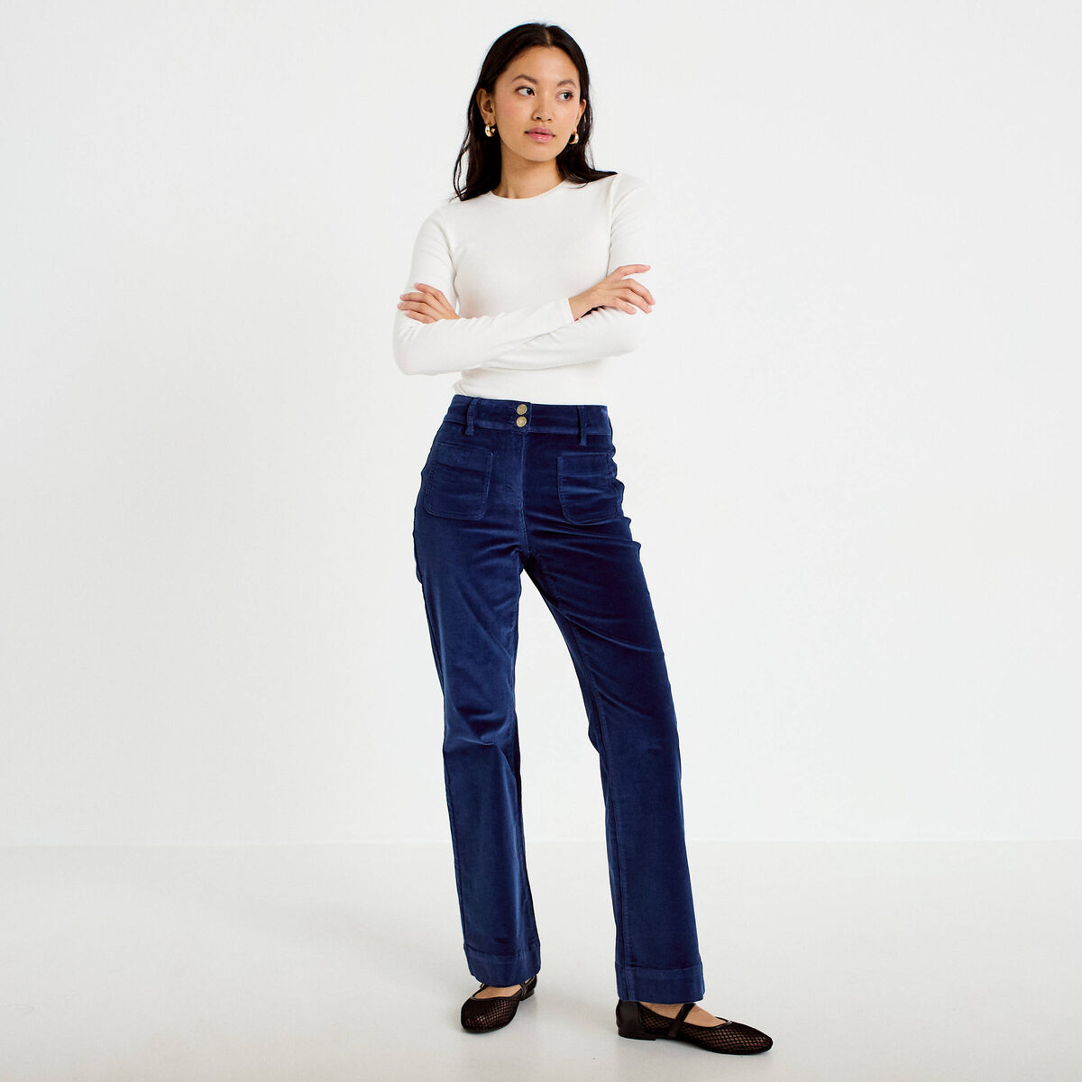 Pantalon bootcut taille haute velours bleu marine femme