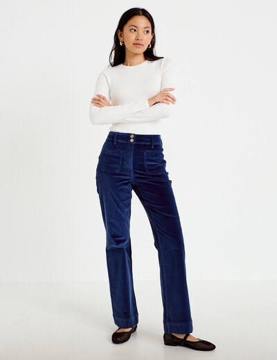 Pantalon bootcut taille haute velours bleu marine femme