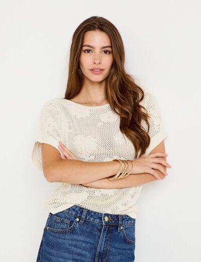 Pull ajour&eacute; col bateau manches courtes ecru femme