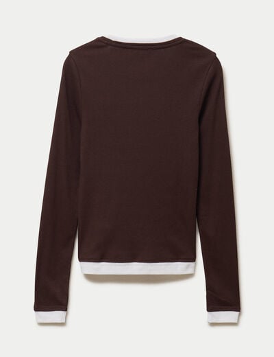 T-shirt 2-en-1 col rond manches longues marron fonc&eacute; femme