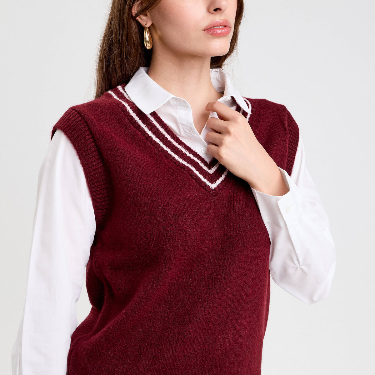 Pull 2-en-1 col en V rouge foncé femme