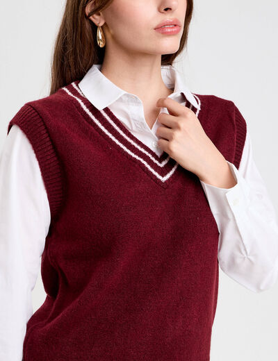Pull 2-en-1 col en V rouge foncé femme