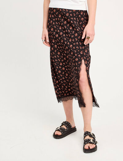 Jupe midi droite fendue noir femme
