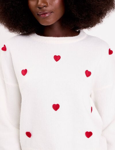 Pull &agrave; motifs coeurs ecru femme