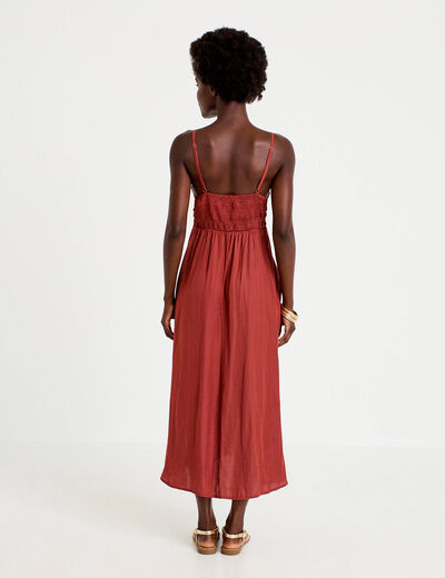 Robe longue &eacute;vas&eacute;e col v satin&eacute;e vieux rose femme