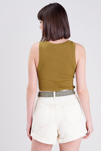 Pull débardeur côtelé vert olive femme