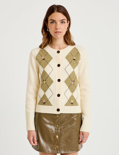 Gilet broderie col rond manches longues ecru femme