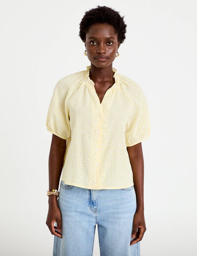 Blouse droite col v manches courtes jaune clair femme