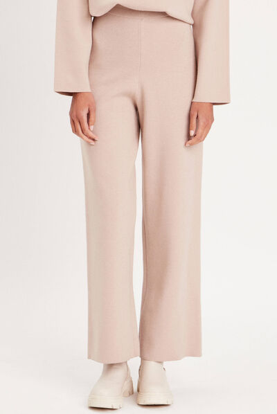 Pantalon tricot jambe large sable femme