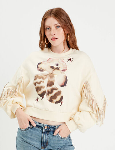 Sweat avec franges ecru femme