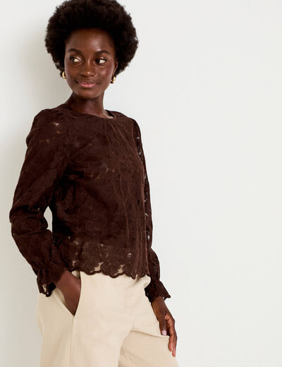 Blouse en dentelle d&eacute;collet&eacute; dos marron fonc&eacute; femme