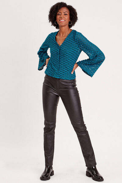 Pantalon regular enduit à pont noir femme