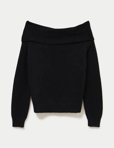Pull col bardot manches longues noir femme