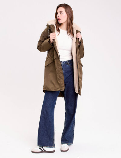 Parka droite mi-longue &agrave; capuche vert kaki femme