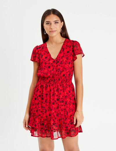 Robe évasée à volants rouge femme