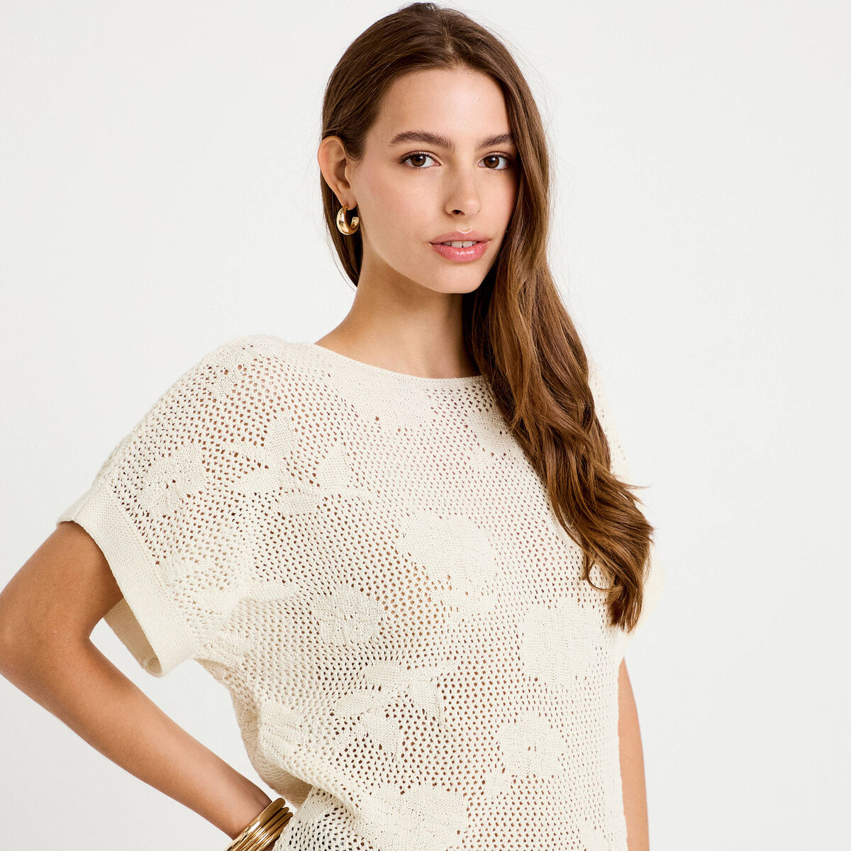 Pull ajour&eacute; col bateau manches courtes ecru femme