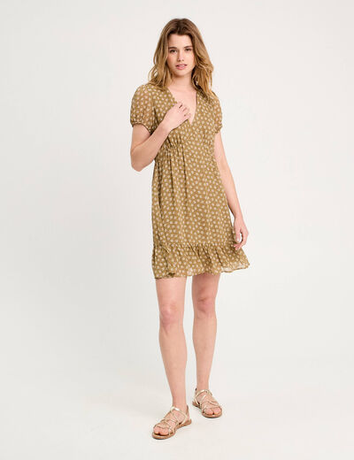 Robe évasée manches courtes vert olive femme