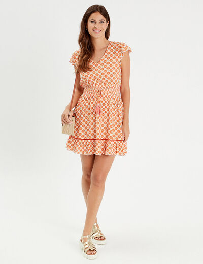 Robe évasée taille smockée orange femme