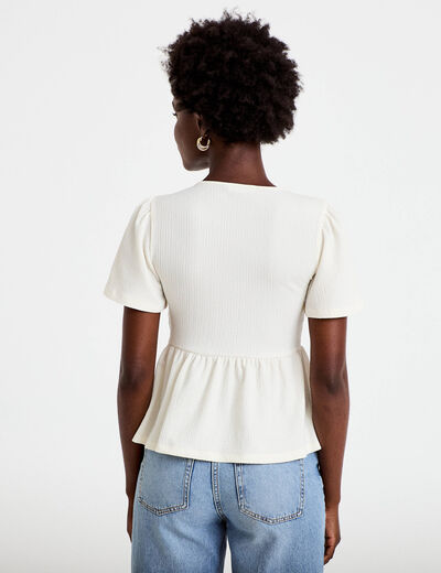 Blouse cintr&eacute;e col v manches courtes ecru femme