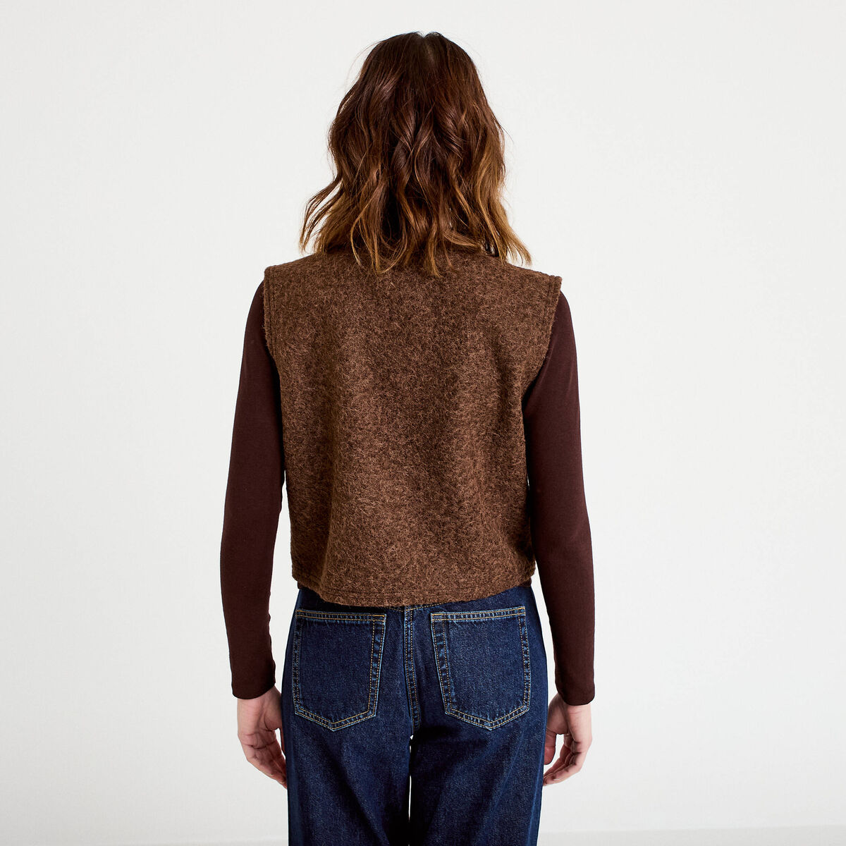 Veste sans manches effet polaire marron fonc&eacute; femme