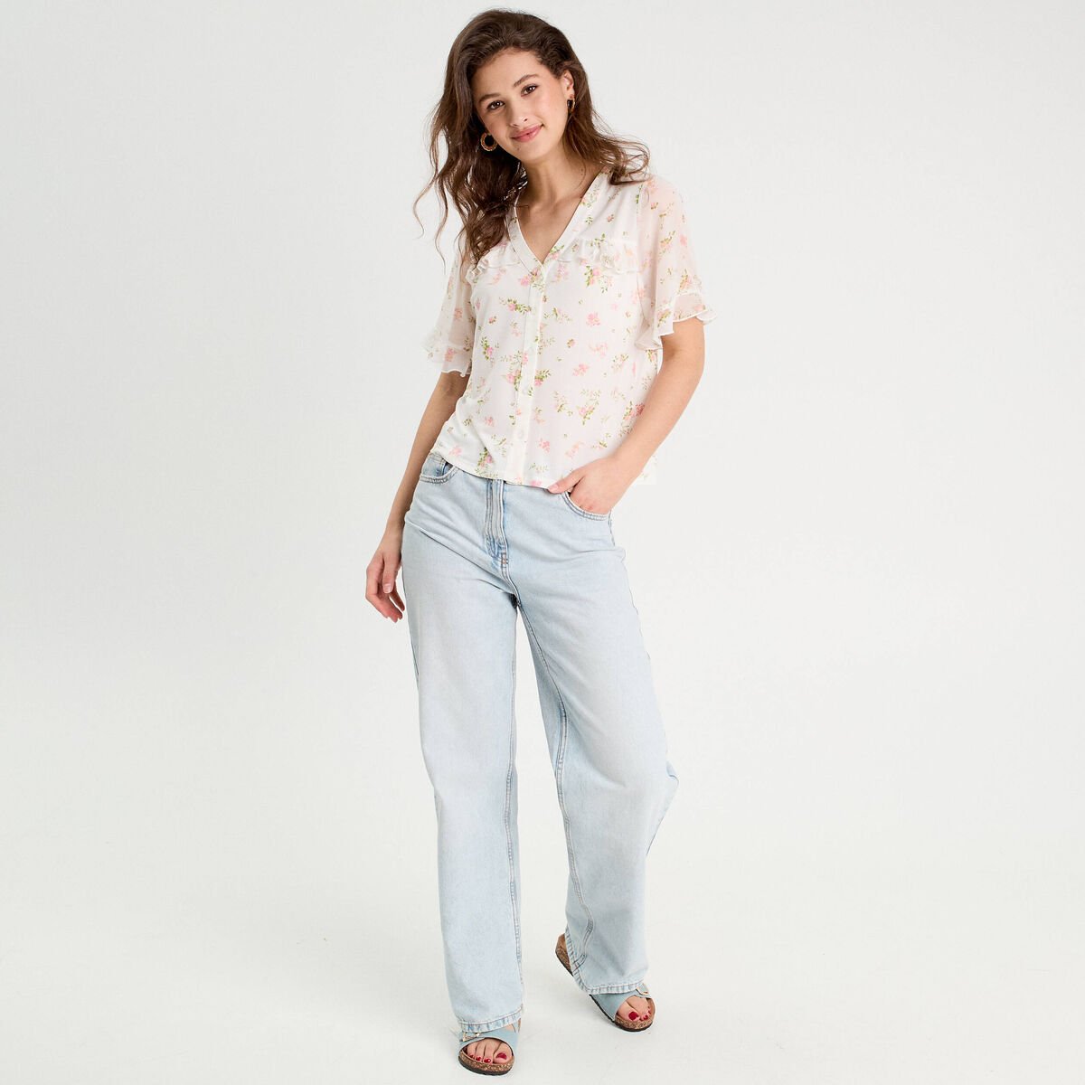 Chemise manches volants rose poudrée femme