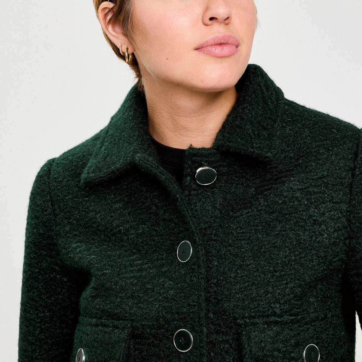 Veste bouclette boutonn&eacute;e vert fonc&eacute; femme