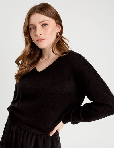 Pull manches longues col en V noir femme