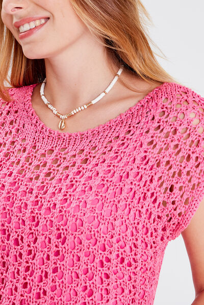Pull manches courtes ajouré rose fluo femme