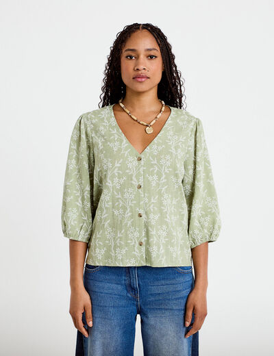 Blouse droite pliss&eacute;e manches 3/4 vert femme