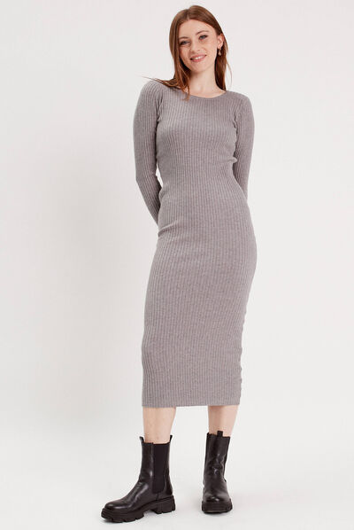 Robe pull longue moulante gris clair femme