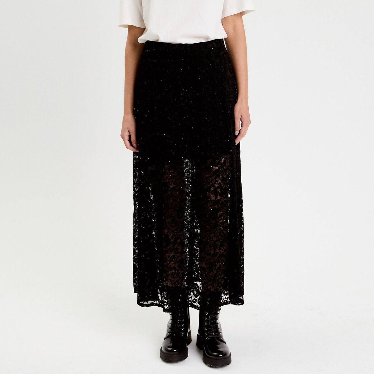 Jupe midi évasée plissée avec dentelle noir femme | Morgan
