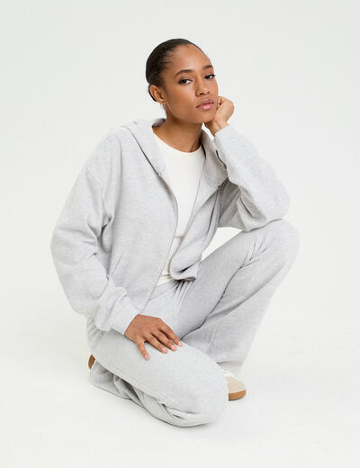 Sweat &agrave; capuche manches longues gris clair femme