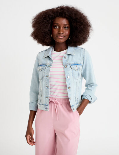 Veste cintr&eacute;e en jean col classique denim bleach femme