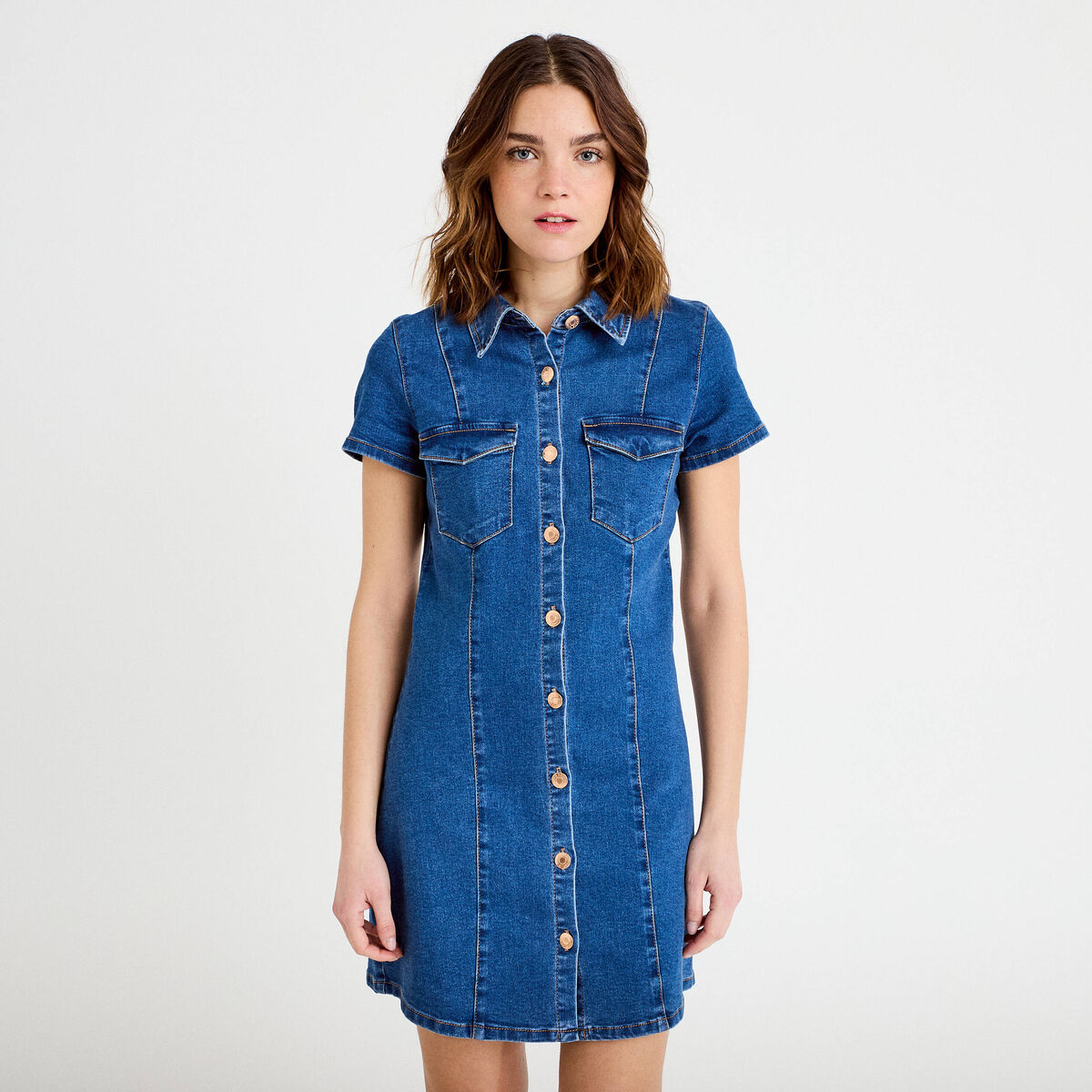 Robe trap&egrave;ze courte en jean col chemise denim double stone femme