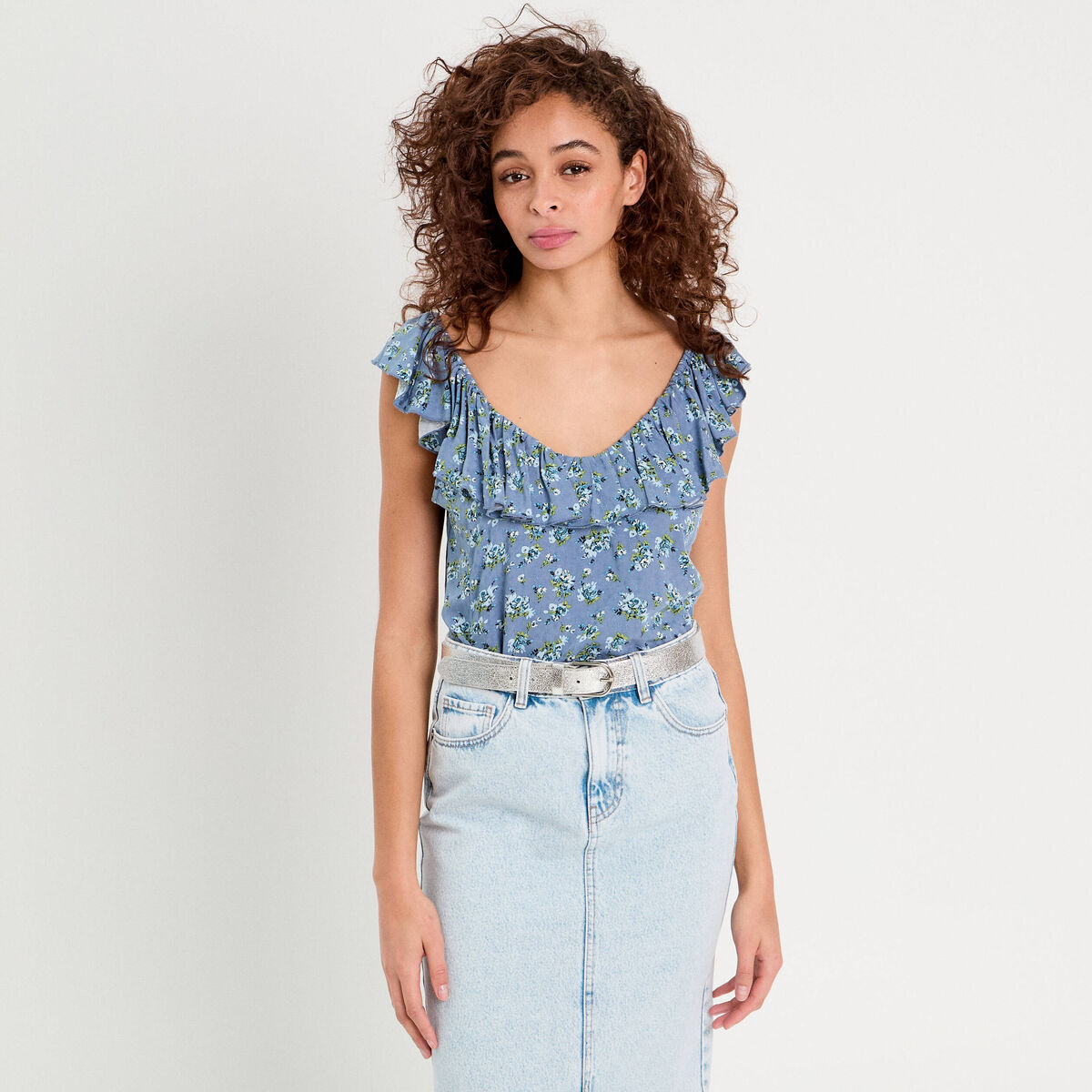 Blouse col volants bleu fonc&eacute; femme